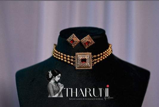 Thulika Three String Bead Choker with Square Pendant